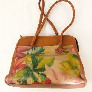 Patricia Nash Shoulder Bag Leather Floral Autumnal Cognac Brown Tan Red Green